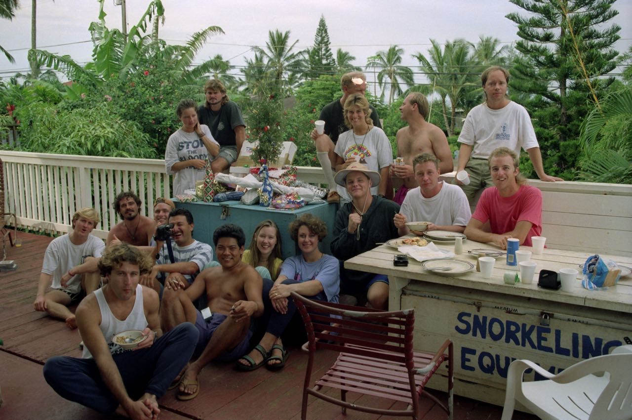 The staff at Mark Foo&rsquo;s Backpackers on the North Shore of Oahu. Christmas 1992
